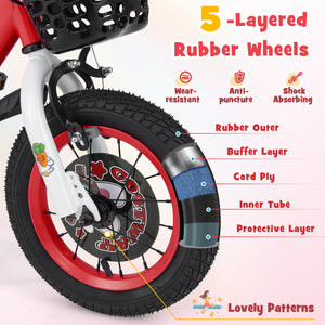 16-inch kids bike with adjustable features, storage basket, and double brake for ages 4-8, angled view.