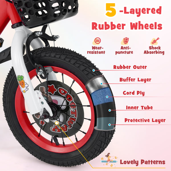 16-inch kids bike with adjustable features, storage basket, and double brake for ages 4-8, angled view.