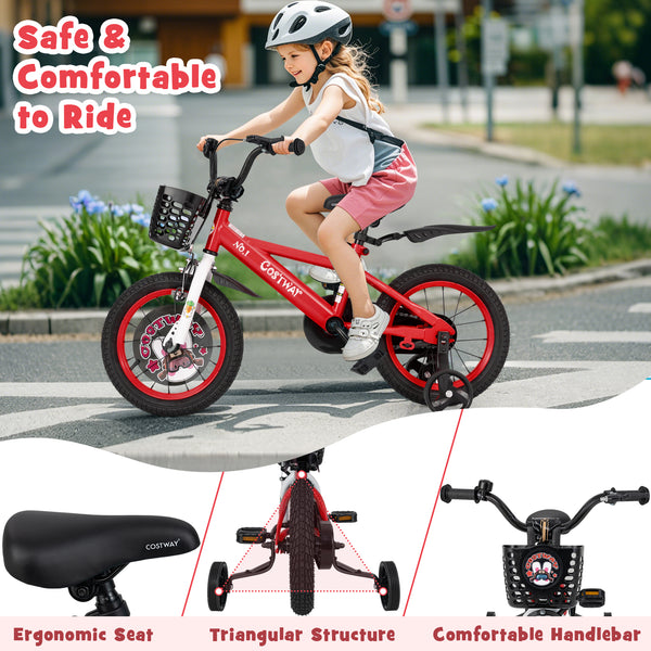 16-inch kids bike with adjustable features, storage basket, and double brake for ages 4-8, shown at angle 24.