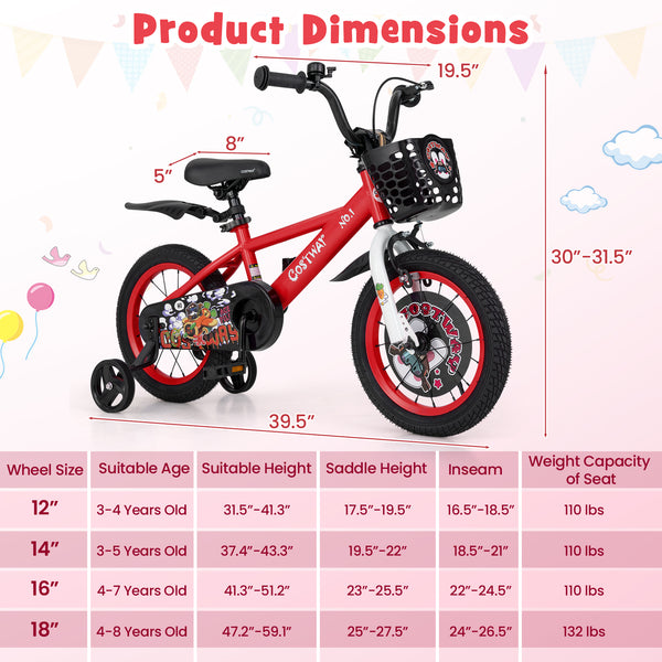 16-inch kids bike with adjustable features, storage basket, and double brake for ages 4-8, angled view.