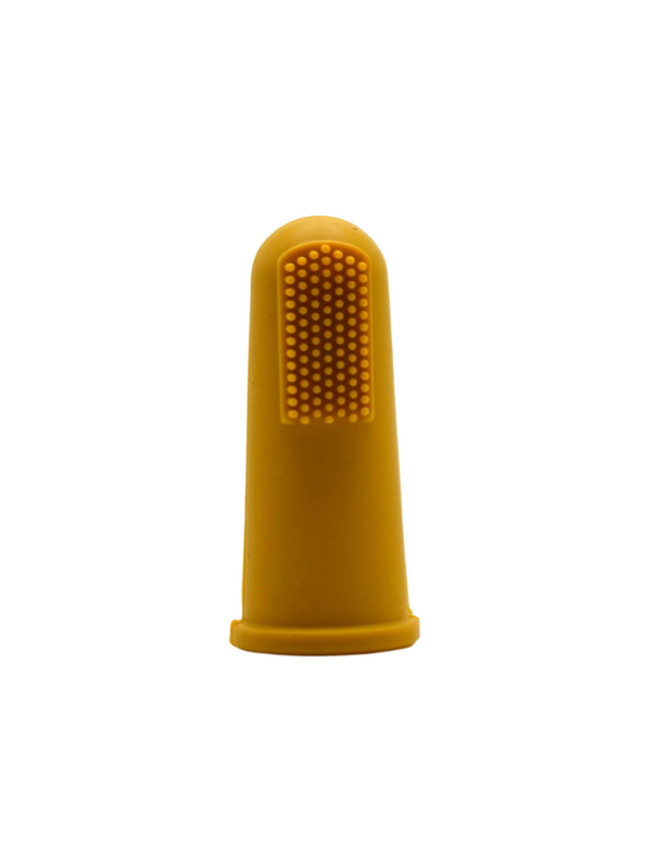 Finger toothbrushes in mustard and army green for baby oral care, angled view showcasing soft bristles and ergonomic design.