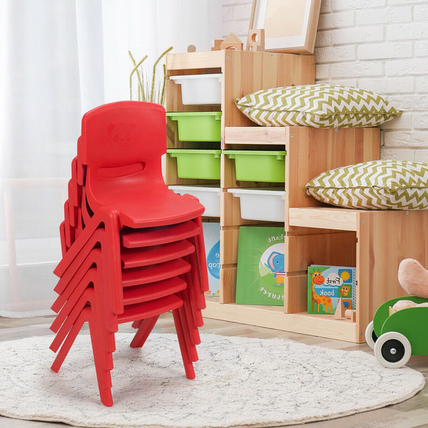 Colorful 6-pack stackable plastic chairs for kids, perfect for classrooms and playrooms.