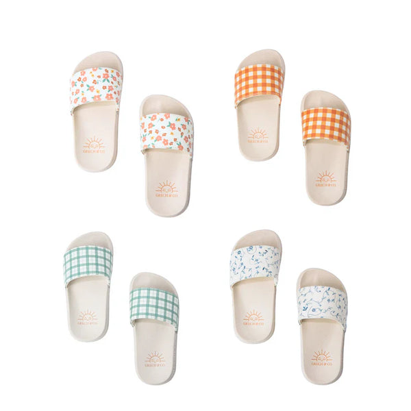 "Slide Sandal in Sunset Meadow design, perfect baby footwear for comfort and style."