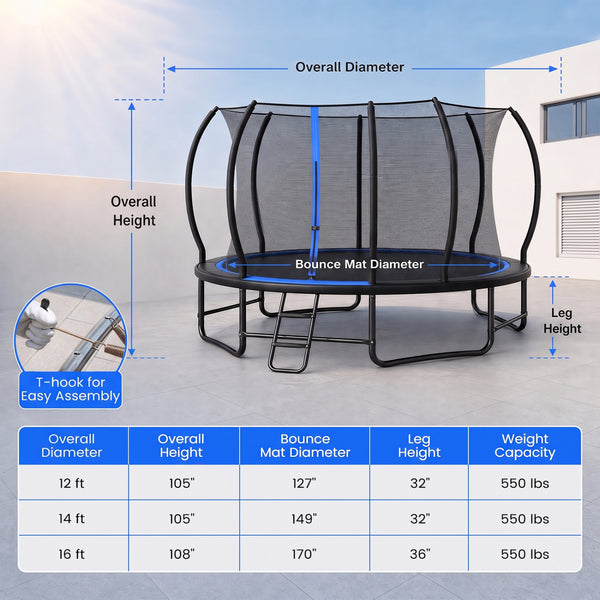 Outdoor Recreational Trampoline with 4 Stabilizer Bars for Backyard