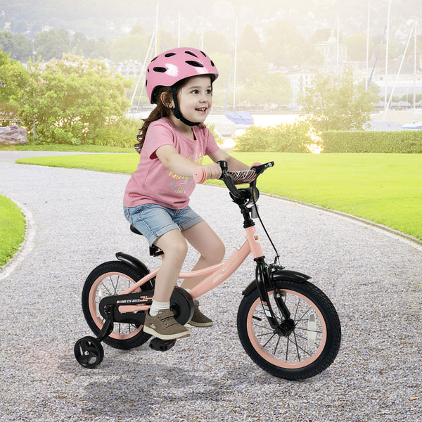 12-inch pink kids bike with adjustable seat and removable training wheels for ages 3-8, angled view.