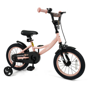 12-inch pink kids bike with adjustable seat and removable training wheels for ages 3-8, angle view.