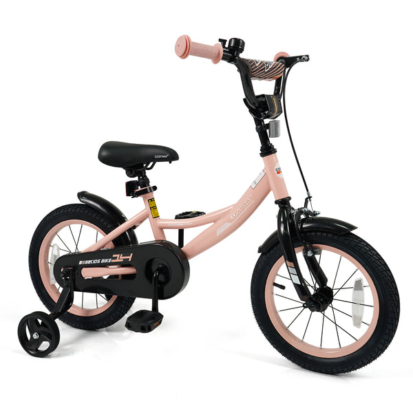 12-inch pink kids bike with adjustable seat and removable training wheels for ages 3-8, angle view.