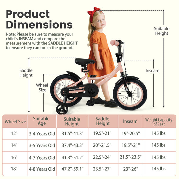 12-inch pink kids bike with adjustable seat and removable training wheels for ages 3-8, viewed at angle 10.