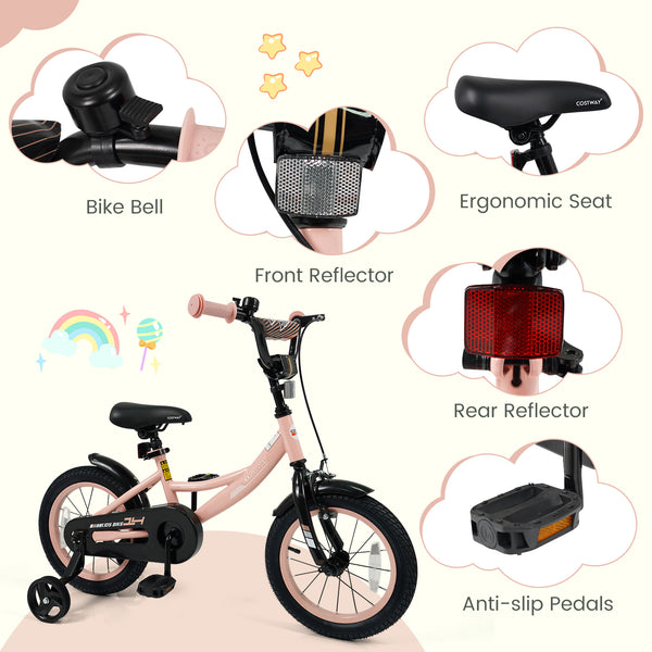 12-inch pink kids bike with adjustable seat and removable training wheels for ages 3-8, angled view.