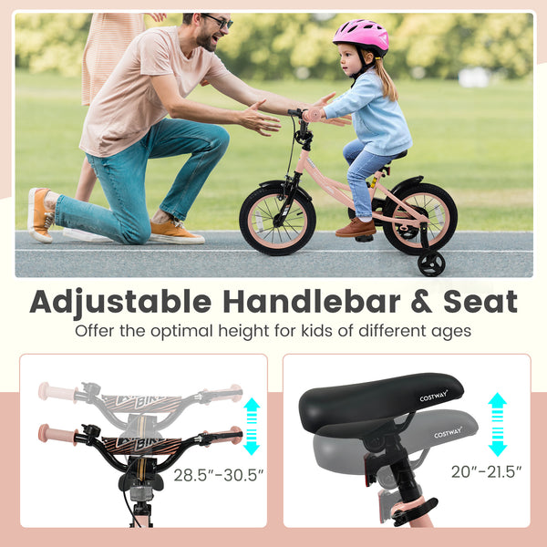 12-inch pink kids bike with adjustable seat and removable training wheels for ages 3-8, angled view.