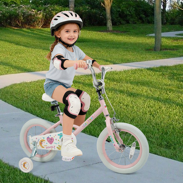 12-inch pink kids bike with stars and moon design, adjustable for children aged 3-8, viewed from angle 8.