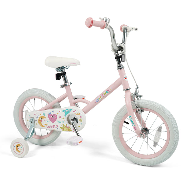 12-inch pink kids bike with stars and moon design, adjustable for children ages 3-8, shown from angle 9.