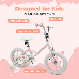 12-inch pink kids bike with stars and moon design, adjustable for children ages 3-8, viewed at angle 11.