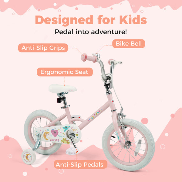 12-inch pink kids bike with stars and moon design, adjustable for children ages 3-8, viewed at angle 11.