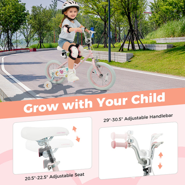 12-inch pink kids bike with stars and moon design, adjustable for children aged 3-8, viewed from angle 13.