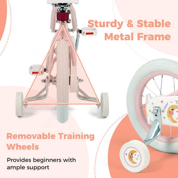 12-inch pink kids bike with stars and moon, adjustable for children ages 3-8, shown at angle 14.