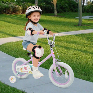 Purple 12-inch kids bike with stars and moon design, adjustable for children aged 3-8, viewed from angle 8.