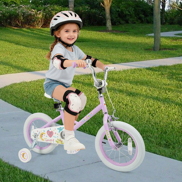 Purple 12-inch kids bike with stars and moon design, adjustable for children aged 3-8, viewed from angle 8.