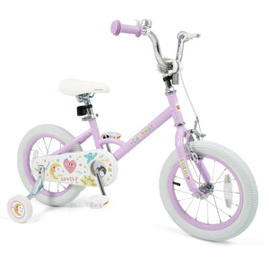 12-inch purple kids bike with stars and moon, adjustable for ages 3-8, viewed from angle 9.