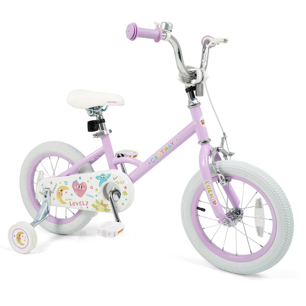 12-inch purple kids bike with stars and moon, adjustable for ages 3-8, viewed from angle 9.