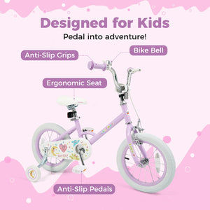 Purple 12-inch kids bike with stars and moon design, adjustable for children aged 3-8, viewed from angle 11.