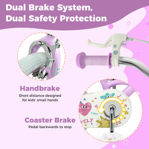 Purple 12-inch kids bike with stars and moon design, adjustable for children aged 3-8, angled view.