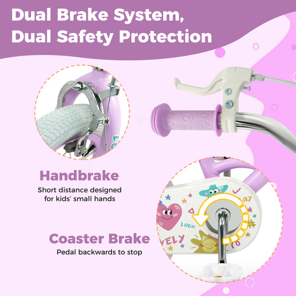 Purple 12-inch kids bike with stars and moon design, adjustable for children aged 3-8, angled view.