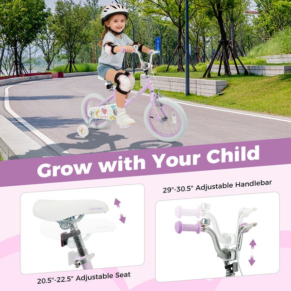 Purple 12-inch kids bike with stars and moon design, adjustable for children aged 3-8, shown at angle 13.