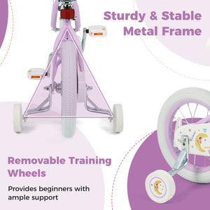 Purple 12-inch kids bike with stars and moon design, adjustable for children aged 3-8, angled view.