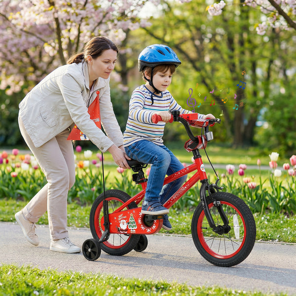 12-inch adjustable kids bike with Christmas music and flag, perfect for ages 3-5, shown at a 30-degree angle.