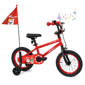 12-inch kids bike with adjustable features, Christmas music, and flag for ages 3-5, shown at angle 8.