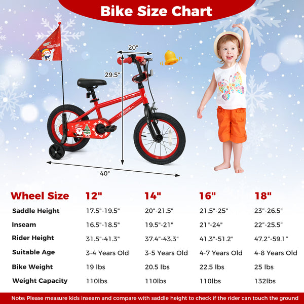 12-inch adjustable kids bike with Christmas music and flag for ages 3-5, shown at angle 9.