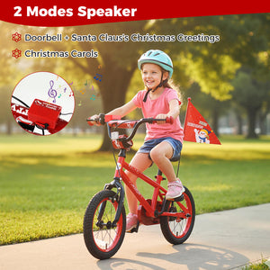 12-inch adjustable kids bike with Christmas music and flag for ages 3-5, angled view showcasing vibrant design.