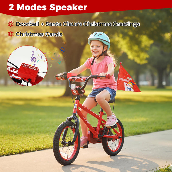 12-inch adjustable kids bike with Christmas music and flag for ages 3-5, angled view showcasing vibrant design.