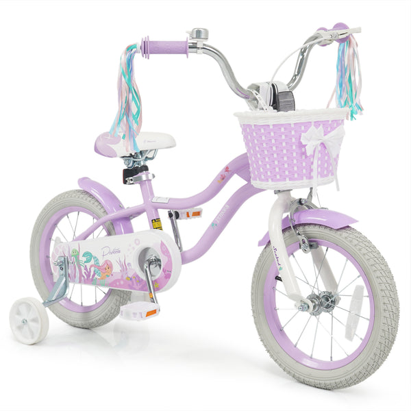 18-Inch Kids Bike Adjustable with Basket and Streamers Purple - Princess of the Sea Theme