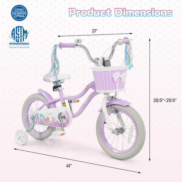 18-Inch Kids Bike Adjustable with Basket and Streamers Purple - Princess of the Sea Theme