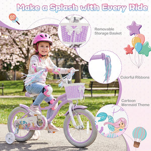 18-Inch Kids Bike Adjustable with Basket and Streamers Purple - Princess of the Sea Theme