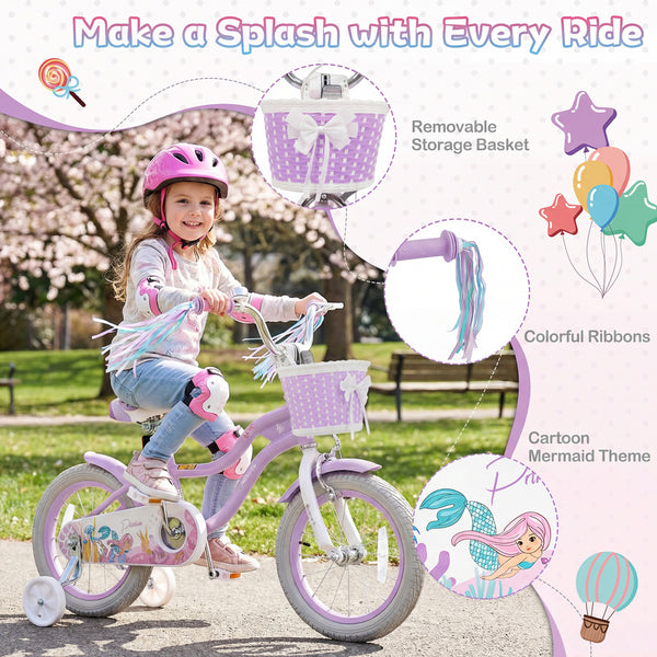 18-Inch Kids Bike Adjustable with Basket and Streamers Purple - Princess of the Sea Theme