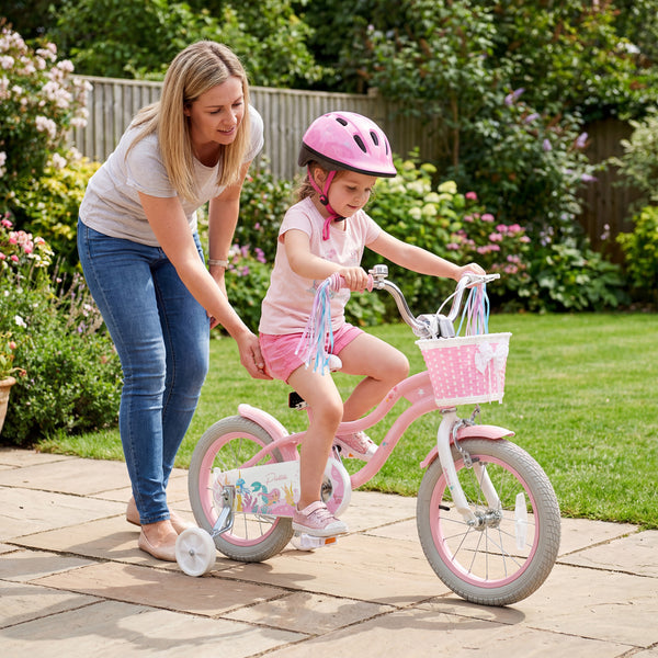 12-inch adjustable kids bike for girls, featuring a basket and streamers, perfect for ages 3 and up.