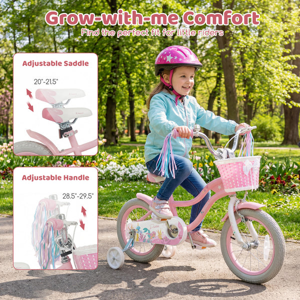 12-inch adjustable kids bike for girls, featuring a basket and streamers, perfect for ages 3 and up.