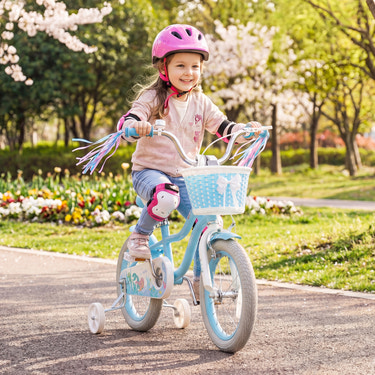 14 Inch Kids Bike Adjustable with Basket and Streamers Blue for Kids Aged 3-5 Years Old - Princess of the Sea Theme
