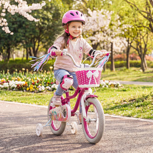 18-Inch Kids Bike Adjustable with Basket and Streamers Rose Red - Princess of the Sea Theme