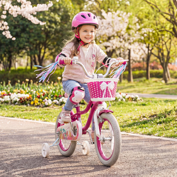 18-Inch Kids Bike Adjustable with Basket and Streamers Rose Red - Princess of the Sea Theme