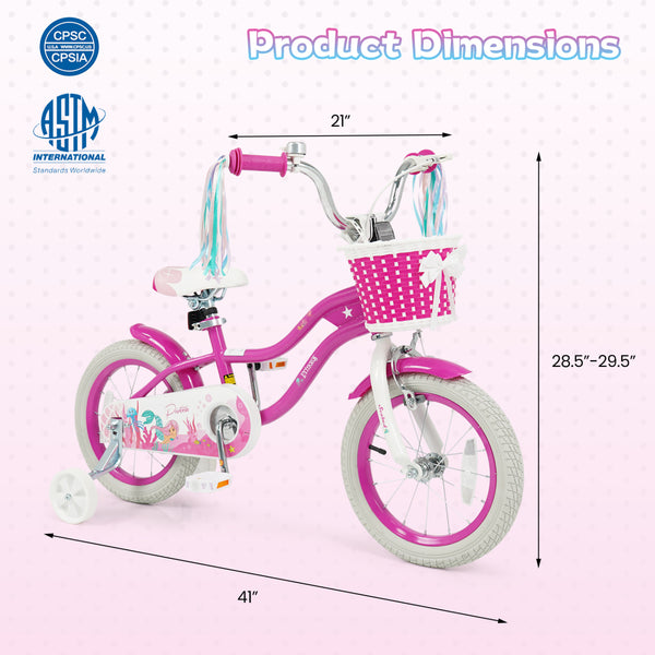 18-Inch Kids Bike Adjustable with Basket and Streamers Rose Red - Princess of the Sea Theme