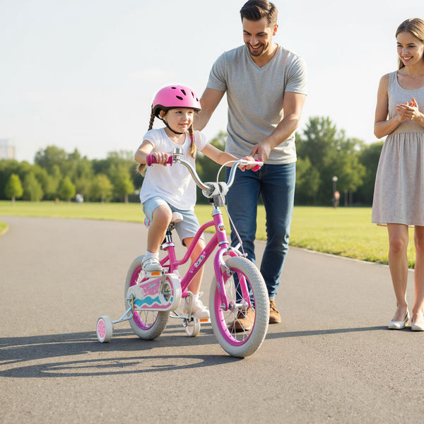 12-inch pink kids bike for ages 3-8 with adjustable handlebar, Starlight Wave design, shown at a 30-degree angle.