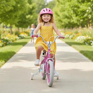12-inch pink kids bike for ages 3-8, featuring adjustable handlebars, Starlight Wave design, angled view.