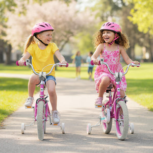 12-inch pink kids bike for ages 3-8, featuring adjustable handlebars, Starlight Wave design, angled view.