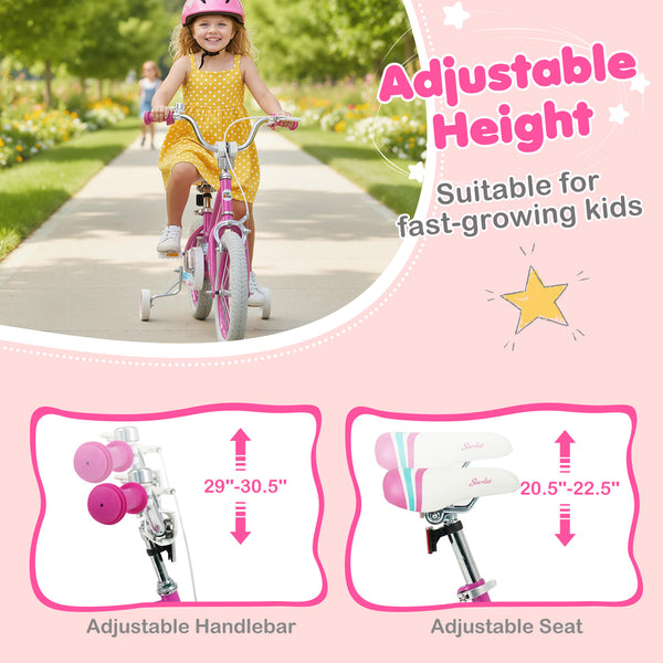 12-inch pink kids bike for ages 3-8 with adjustable handlebar, Starlight Wave design, shown from angle 13.