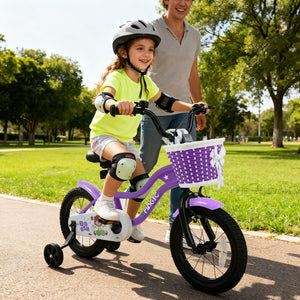 12-inch magic purple kids bike with training wheels for ages 3-4, angled view showcasing its design and features.