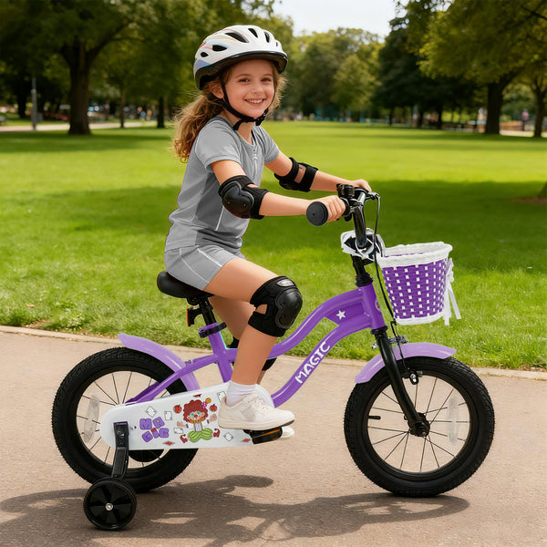 12-inch magic purple kids bike with training wheels for ages 3-4, viewed from angle 8.